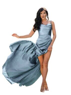 NWT Velvi Camilla Gown High Slit Cowl Neck Cami in Ice Blue Sz 2